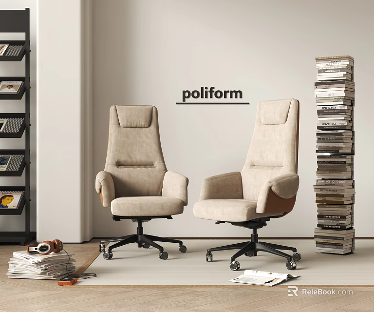 Modern Beige Office Chair With High Back Armrests And Rolling Wheels Near Stacked Books 3d model 
