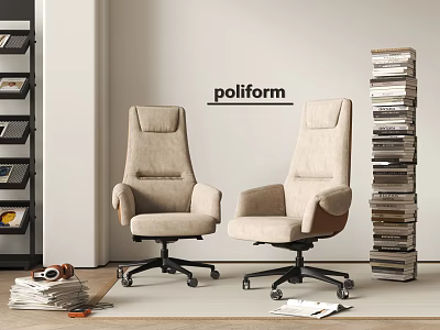 Modern Beige Office Chair With High Back Armrests And Rolling Wheels Near Stacked Books 3d model