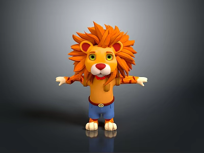 Cute Cartoon Lion Character With Orange Mane Green Eyes And Blue Shorts 3d model