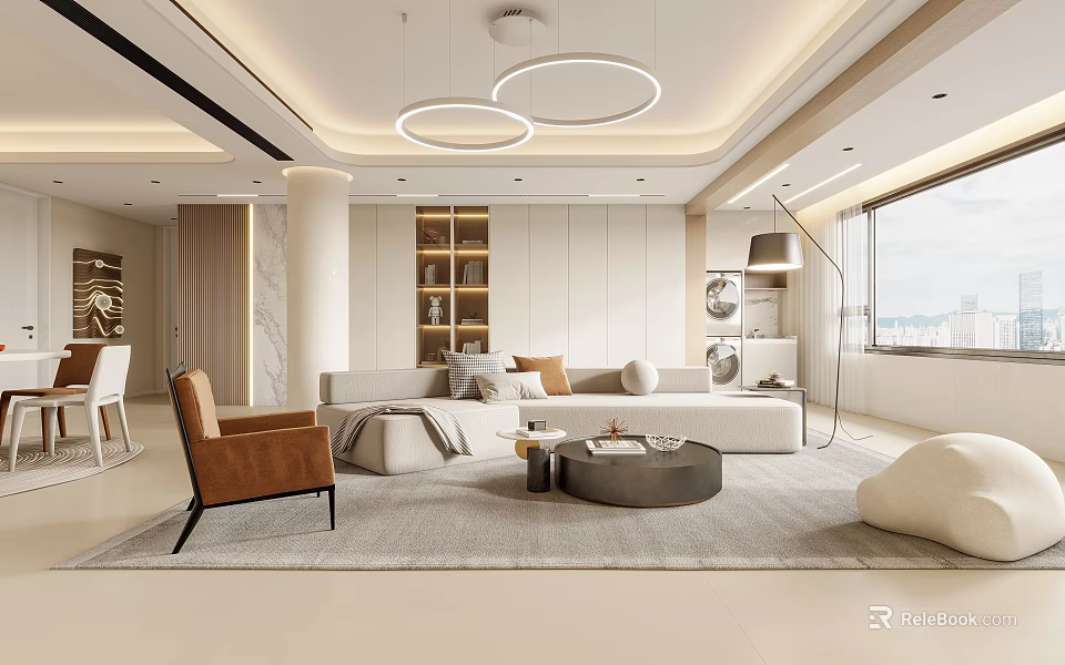 Modern Living and Dining Room Interior With Sofa Dining Table Chandelier Carpet And Wooden Shelves 3d model 