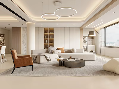 Modern Living and Dining Room Interior With Sofa Dining Table Chandelier Carpet And Wooden Shelves 3d model