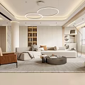 Modern Living and Dining Room Interior With Sofa Dining Table Chandelier Carpet And Wooden Shelves