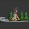 Cozy Tepee Camping Furniture With Green Trees Stream And Campfire