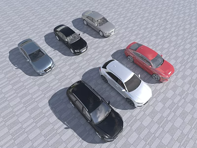 Different Colored Cars Parked Neatly on Checkerboard Patterned Tile Ground 3d model
