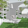 Modern Courtyard Garden Design With White Arches Green Lawn And Outdoor Seating