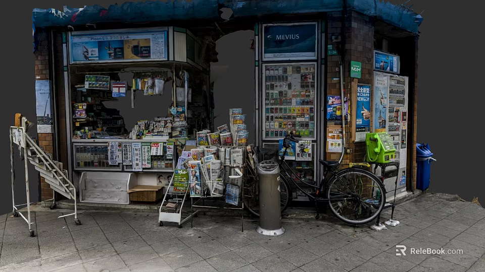 Commercial Street Scene With Newsstand Newspapers Magazines Vending Machine Bicycle And Stone Pavement 3d model 