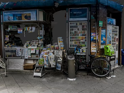 Commercial Street Scene With Newsstand Newspapers Magazines Vending Machine Bicycle And Stone Pavement 3d model