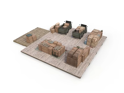 Military Transport Trucks Parked On Wooden Platform With Multiple Wooden Crates 3d model