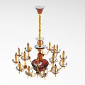 Vintage Multi Arm Chandelier With Candle Shaped Lights Red Glass And Gold Accents
