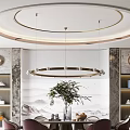 Elegant Restaurant Interior With Circular Pendant Light Marble Walls And Purple Chairs