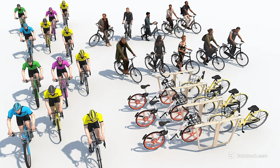 Group of People Cycling Along With Colorful Bicycles And Parked Bike Racks 3d model 