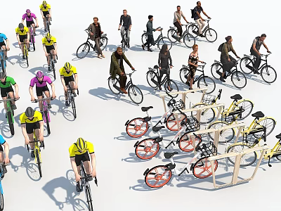 Group of People Cycling Along With Colorful Bicycles And Parked Bike Racks 3d model
