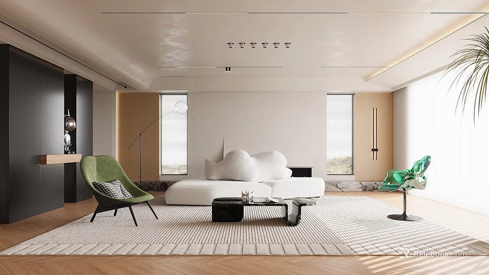 Modern Living Room With White Sofa Green Chairs And Rug 3d model