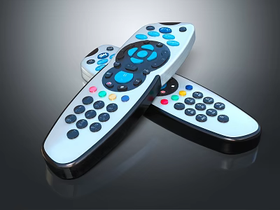 Multiple TV Remotes With Colorful Buttons For Television Control On Sleek Surface 3d model