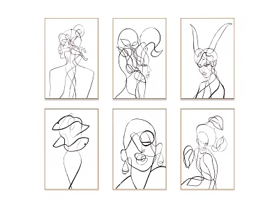 Minimalist Line Drawing Wall Art With Portrait Figures And Golden Frames 3d model