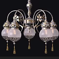 Elegant Vintage Chandelier With Metallic Frame Multiple Glass Shades And Intricate Decorative Design