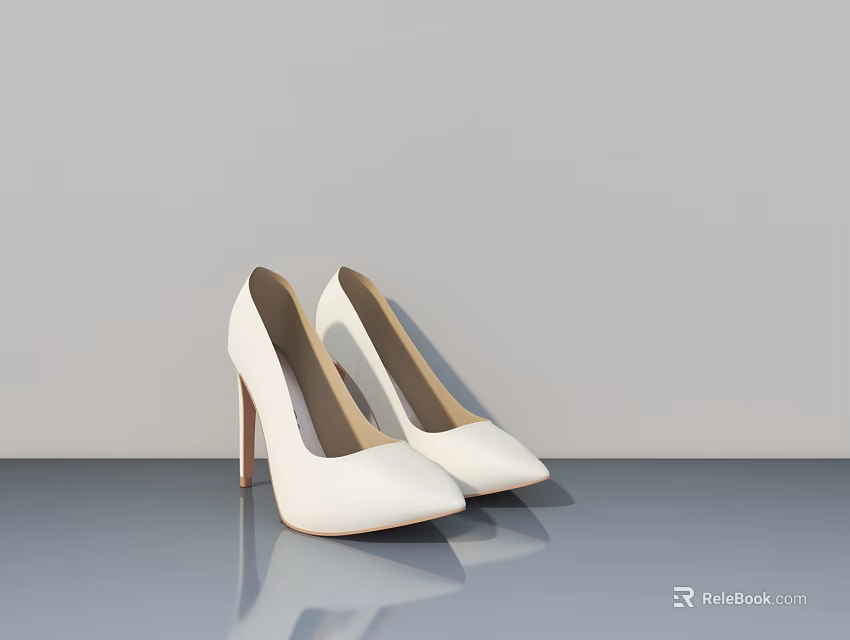 White High Heels on Gray Background with Reflective Gray Floor Surface 3d model 