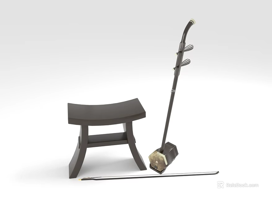 Traditional Chinese Erhu Musical Instrument With Wooden Bow And Support Stool 3d model 