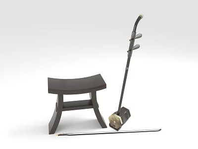 Traditional Chinese Erhu Musical Instrument With Wooden Bow And Support Stool 3d model