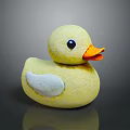 Cute Yellow Rubber Duck Toy With Black Eyes Orange Beak White Wing On Dark Background