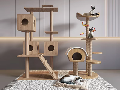 Wooden Cat Trees And Modern Design Cat Bed With Scratching Posts For Cats 3d model