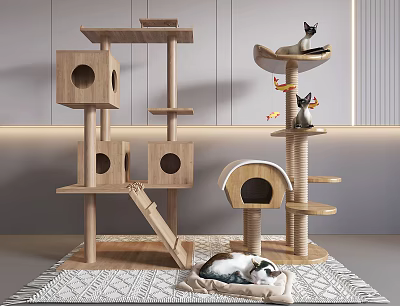 Wooden Cat Trees And Modern Design Cat Bed With Scratching Posts For Cats 3d model