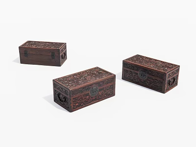 Dark Carved Wooden Storage Boxes With Intricate Patterns And Antique Design 3d model