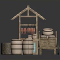 Traditional Street Food Stall With Thatched Roof Wooden Cart Barrels And Display Counter