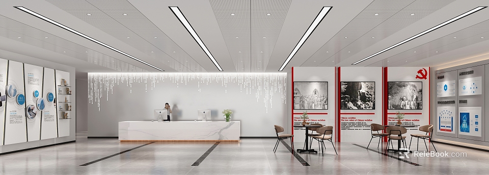 Modern Luxurious Office Reception Area With Marble Countertop And Chandelier Decoration 3d model 