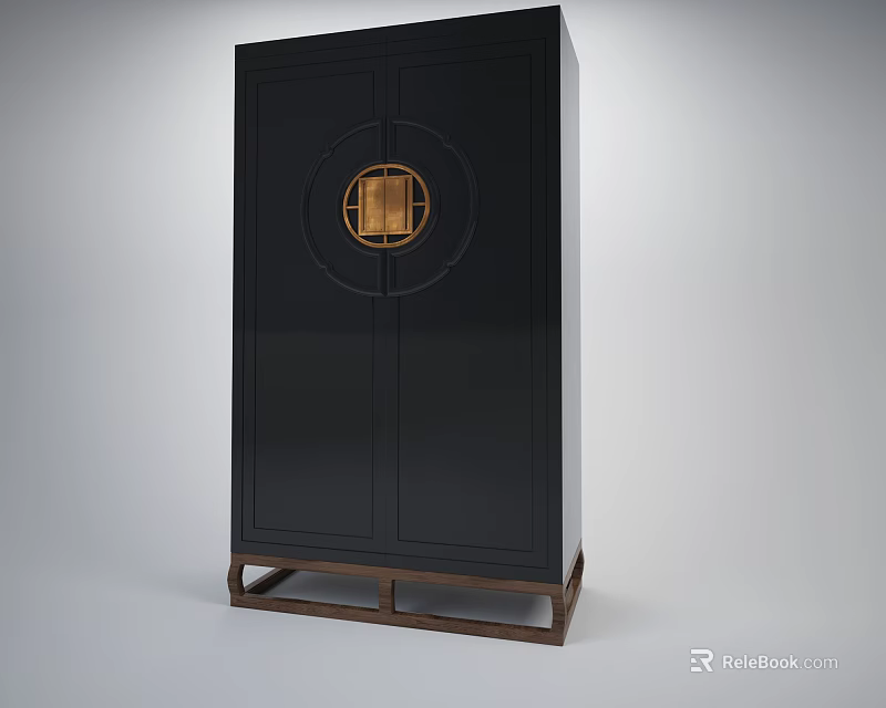 Modern Black Double Door Wardrobe With Golden Circular Accent And Wooden Base Stand 3d model 