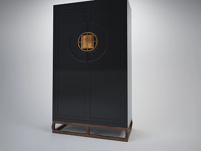 Modern Black Double Door Wardrobe With Golden Circular Accent And Wooden Base Stand 3d model