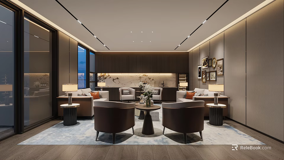 Elegant Hotel Public Lounge Area With Comfortable Sofas Armchairs Coffee Tables Decorative Paintings And Soft Lighting 3d model 