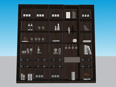Stylish Wine Cabinet With Various Wine Bottles Wine Glasses Decorations And Books 3d model