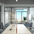 Modern Public Office Space with Large Windows Office Desks Computers Green Plants and Ergonomic Chairs