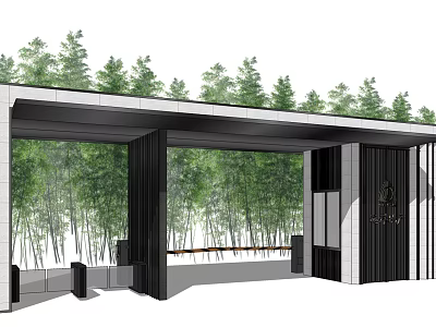 Modern Building Exterior Wall With Glass Panels Bamboo Forest And Entrance Portico Design 3d model