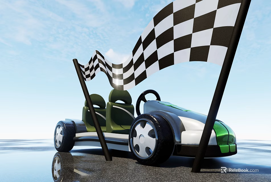 Modern Go Kart With Checkered Flags On Pavement Under Blue Sky 3d model 