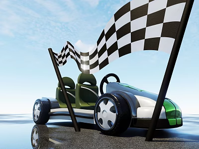 Modern Go Kart With Checkered Flags On Pavement Under Blue Sky 3d model