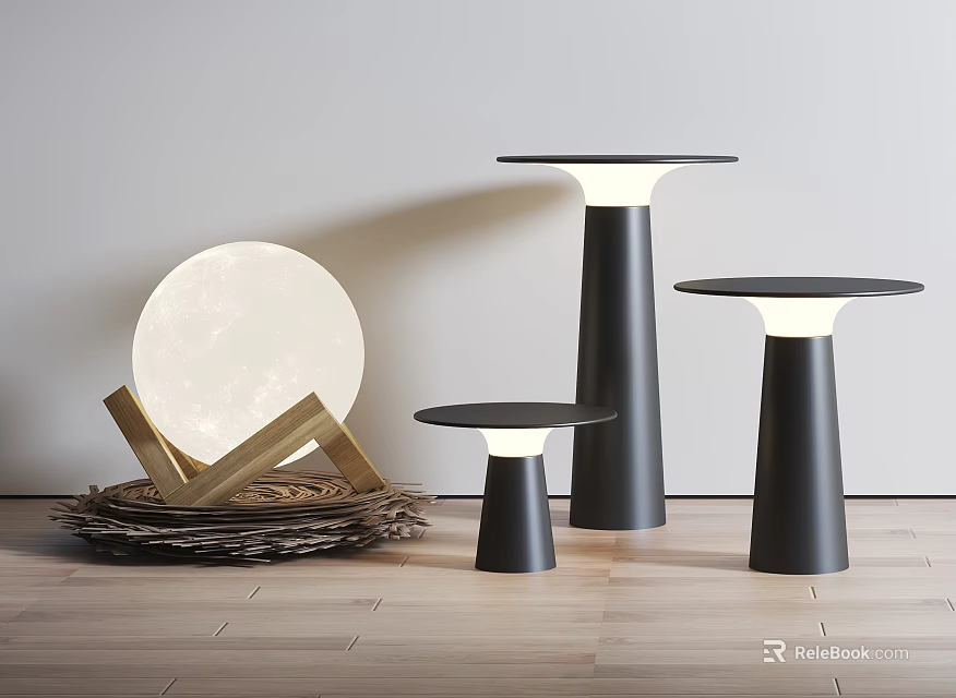 Modern Outdoor Pedestal Lights With Black Finish Different Heights And Moon Accent 3d model 