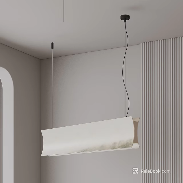 Modern White Rectangular Pendant Light In Minimalist Interior With Vertical Paneled Wall 3d model