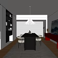 Modern Restaurant Interior With Black Dining Table Chairs Pendant Light And Red Sideboard 3d model