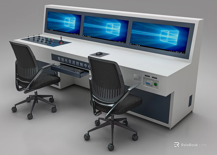 Modern Office Desk with Three Monitors Control Panel and Office Chairs 3d model 