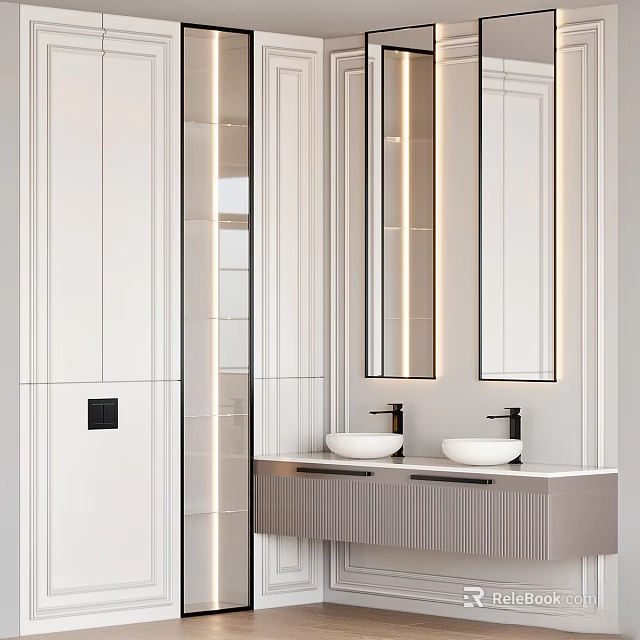 Modern Washbasin Vanity Design With Double Sink Mirror Lighting And Striped Cabinet Interior 3d model 