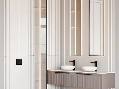 Modern Washbasin Vanity Design With Double Sink Mirror Lighting And Striped Cabinet Interior 3d model