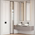 Modern Washbasin Vanity Design With Double Sink Mirror Lighting And Striped Cabinet Interior