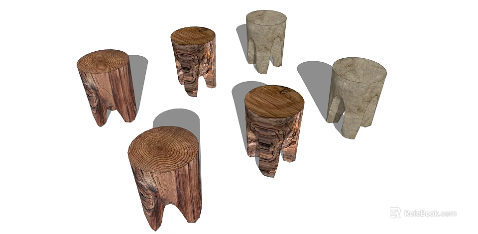 Natural Wooden Tree Stump Stools With Rustic Texture And Various Sizes 3d model
