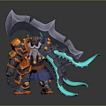 Orange Black Armored Fantasy Warrior Character With Giant Spiked Blade And Teal Tentacles
