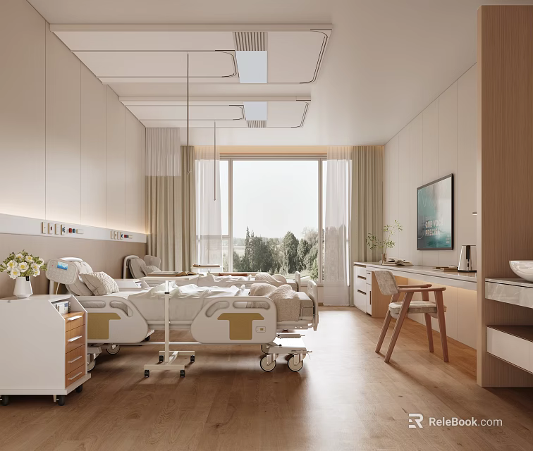 Hospital Outpatient Ward Interior With Medical Beds And Natural Light 3d model 