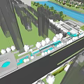 Modern Sales Office Building with White Exterior Glass Water Pool Wooden Walkway Lighting and Greenery