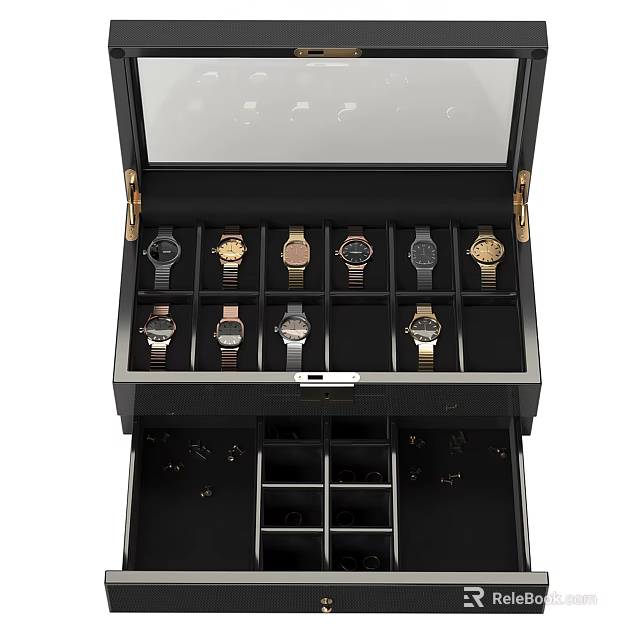 Black Jewelry Cabinet with Organized Watch Compartments and Metal Hardware Design 3d model 