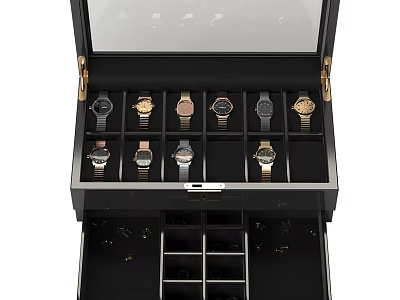 Black Jewelry Cabinet with Organized Watch Compartments and Metal Hardware Design 3d model